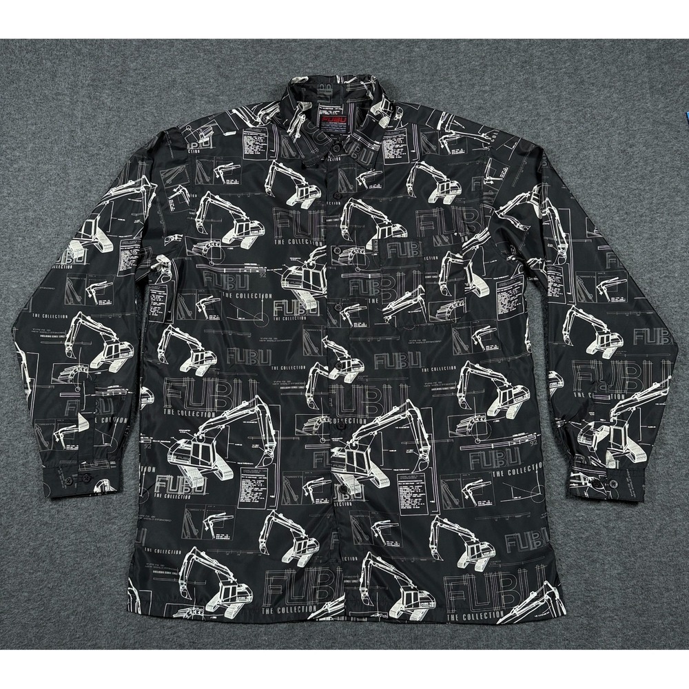 FUBU Shirt Mens XL Black Construction Tractor Vehicle Performance Button Up Y2K